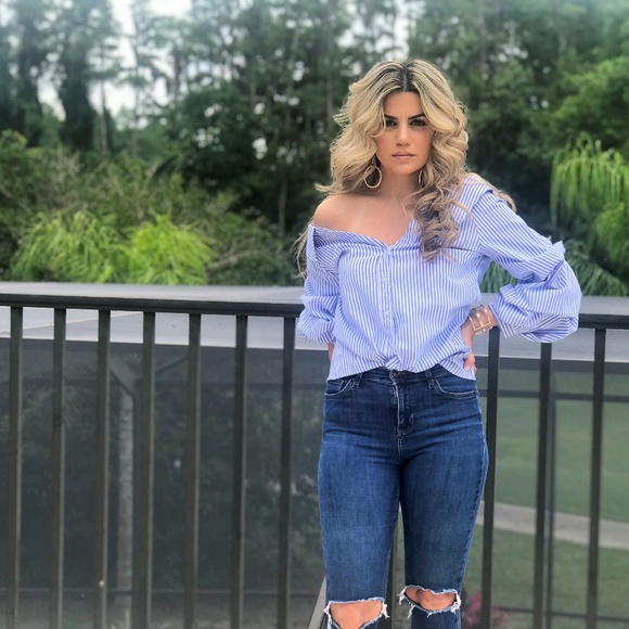 Striped, Off Shoulder Button Up Shirt - Picture 5 of 10